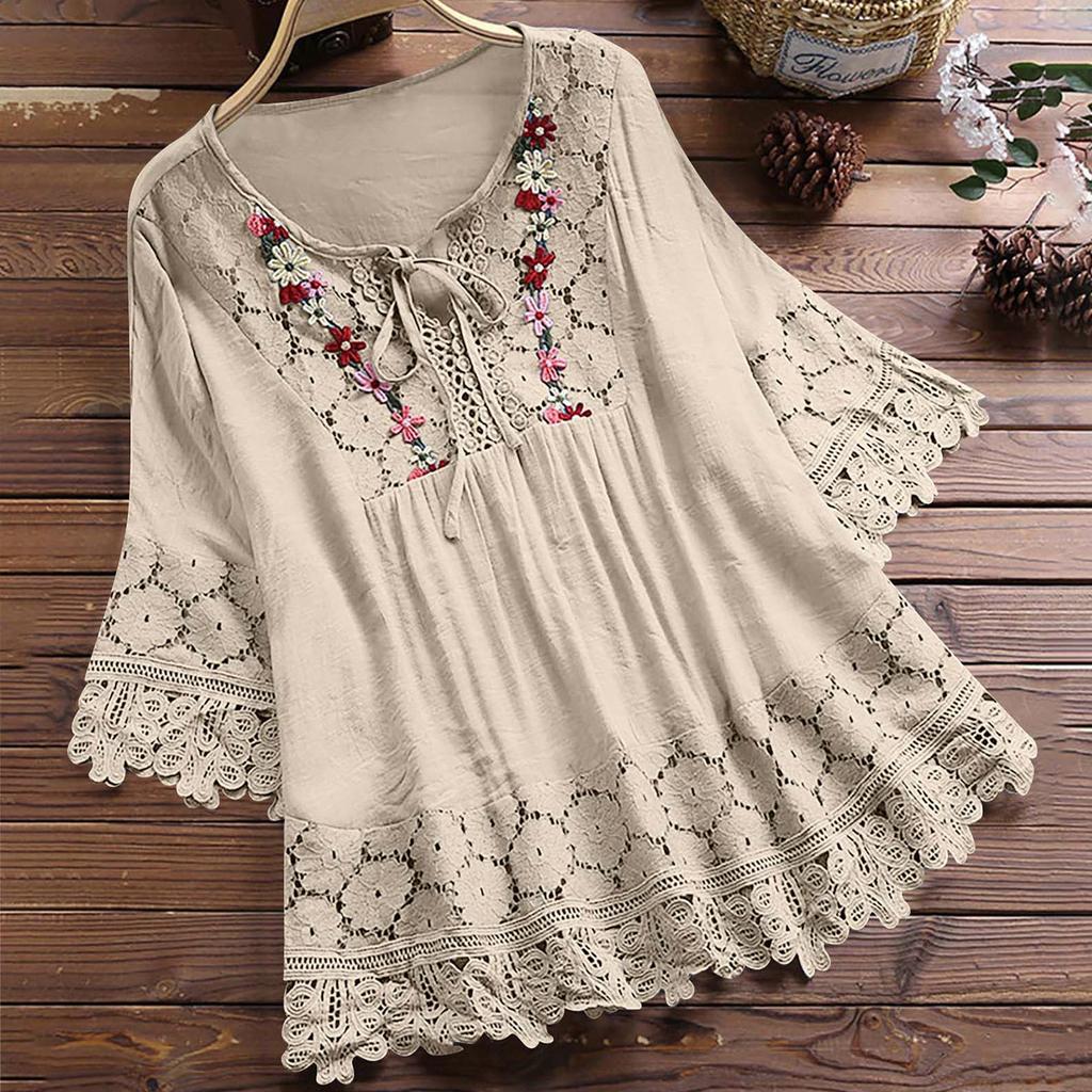 Women Lace Embroidery Flower Loose Plus Size Half Sleeve Shirt