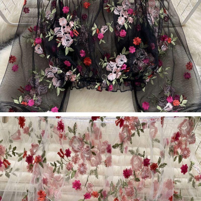 Женские рубашки с открытыми плечами Топы с длинным рукавом-фонариком Прозрачный кружевной пуловер Блузка с цветочным принтом Рубашка Блузки