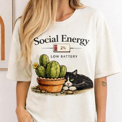 Comfort Colors® Social Energy Low Battery T-Shirt, Introvert Cat Shirt, Funny Anti Social Tee, Cactus Cat Graphic Tee, Unisex Ironical Shirt