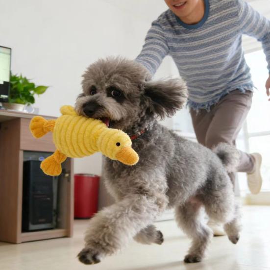 Pet Toy with Soft Plush Fabric Bite-Resistant Chew Toy Built-in Sound Design Yellow Duck Shape Dog Toy for Puppy Adult