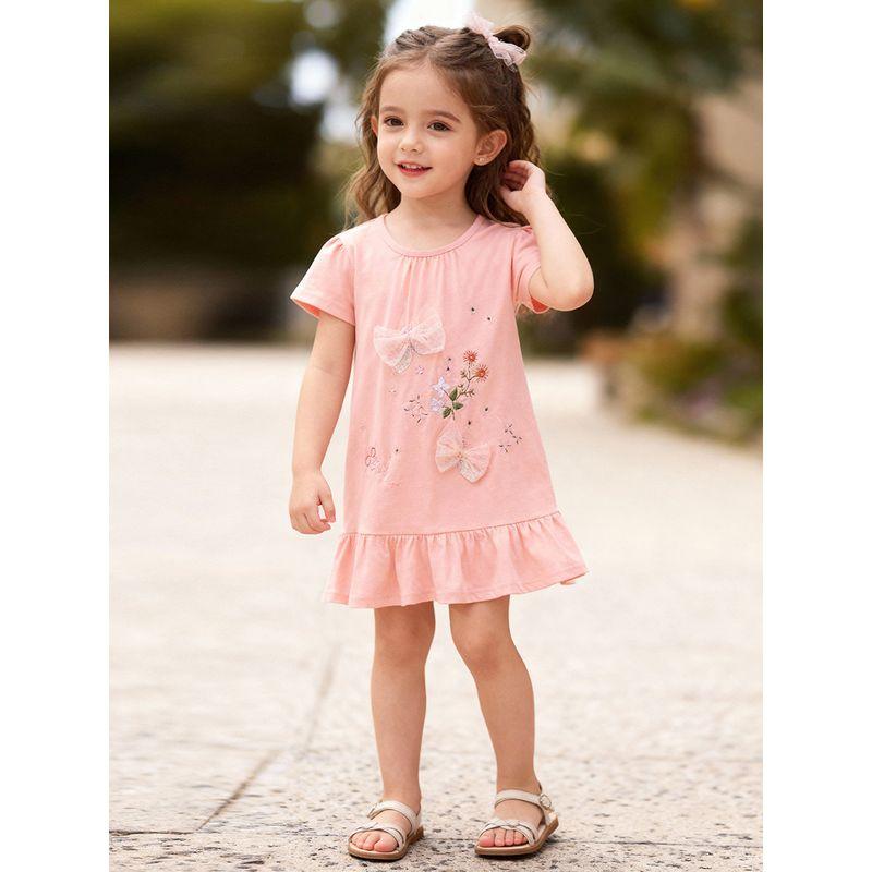 Sweet and Cute Style Girls' Dress Summer Pink Bow Print Kidsren's Short-Sleeved Mid-Length Skirt Knitted Skirt