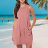 Женское платье без рукавов, летнее повседневное мини-платье с карманами, свободное пляжное платье с круглым вырезом для отдыха