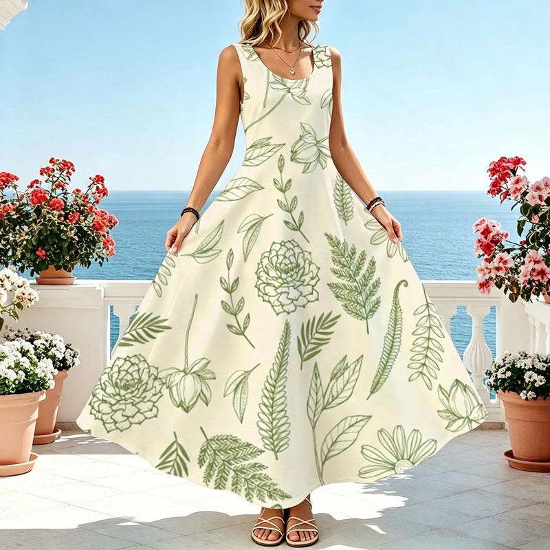 Womens Sleeveless Fresh Plant Print Maxi Dress Lightweight Loose Fit Summer Beach Vacation Elegant Stylish Casual Dress