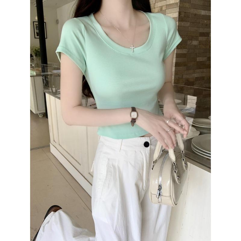 Футболка из чистого хлопка с U-образным вырезом спереди и короткими рукавами для женщин, летняя, новая, маленькая, короткая, облегающая, топ