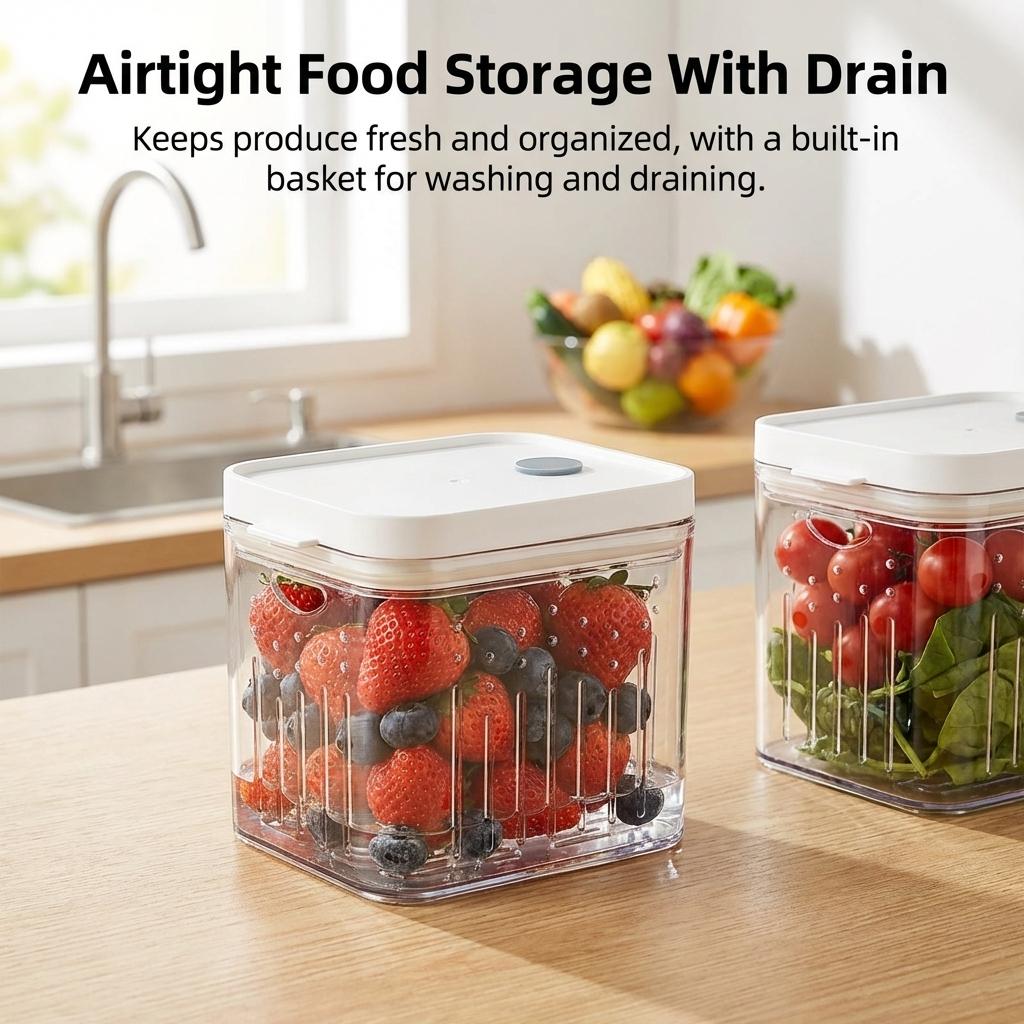 Vegetable And Fruit Storage Container With Draining Function For Refrigerator Kitchen Use