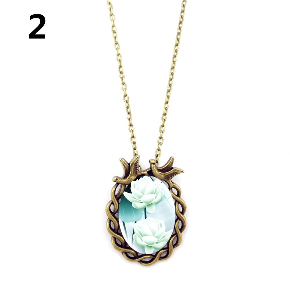 Women Girl Retro Jewelry Elegant Lotus Pattern Gemstone Pendant Necklace for Xmas Birthday Gift