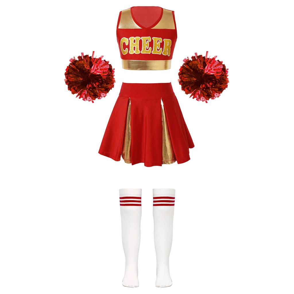 Детские танцевальные наряды для черлидинга для девочек, укороченный топ без рукавов с v-образным вырезом и буквенным принтом, плиссированная юбка, 2 шт., цветочные шарики, 1 пара полосатых носков