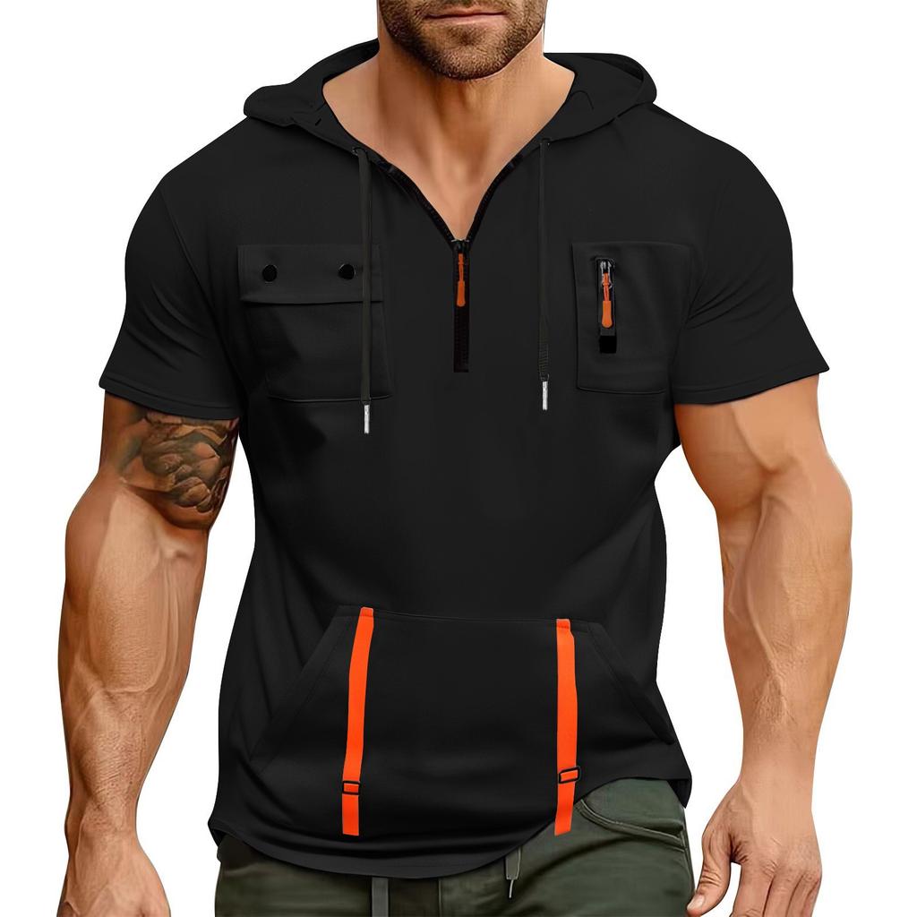 Men's Summer Shirt Zipper Pocket Short Sleeve Hooded Sweatshirt Men's Sports Large Size Casual Sweatshirt