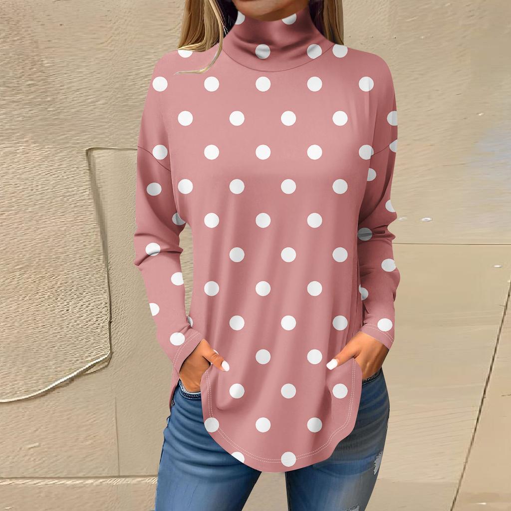 Футболки для женщин, осенние повседневные рубашки с длинными рукавами, толстовка с винтажным принтом, топ с высоким воротом, пуловер
