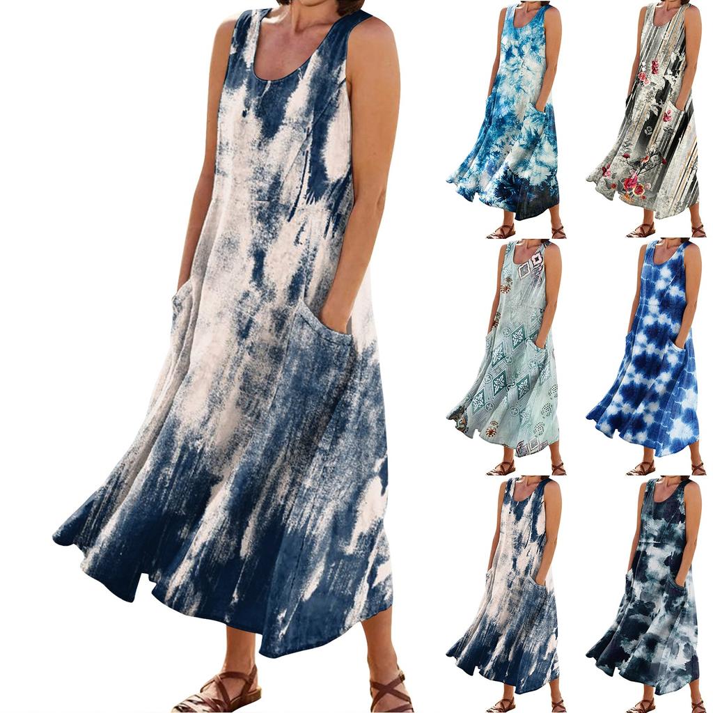 Women's Fashion Casual Solid Colour Sleeveless Cotton Linen Pocket Dress