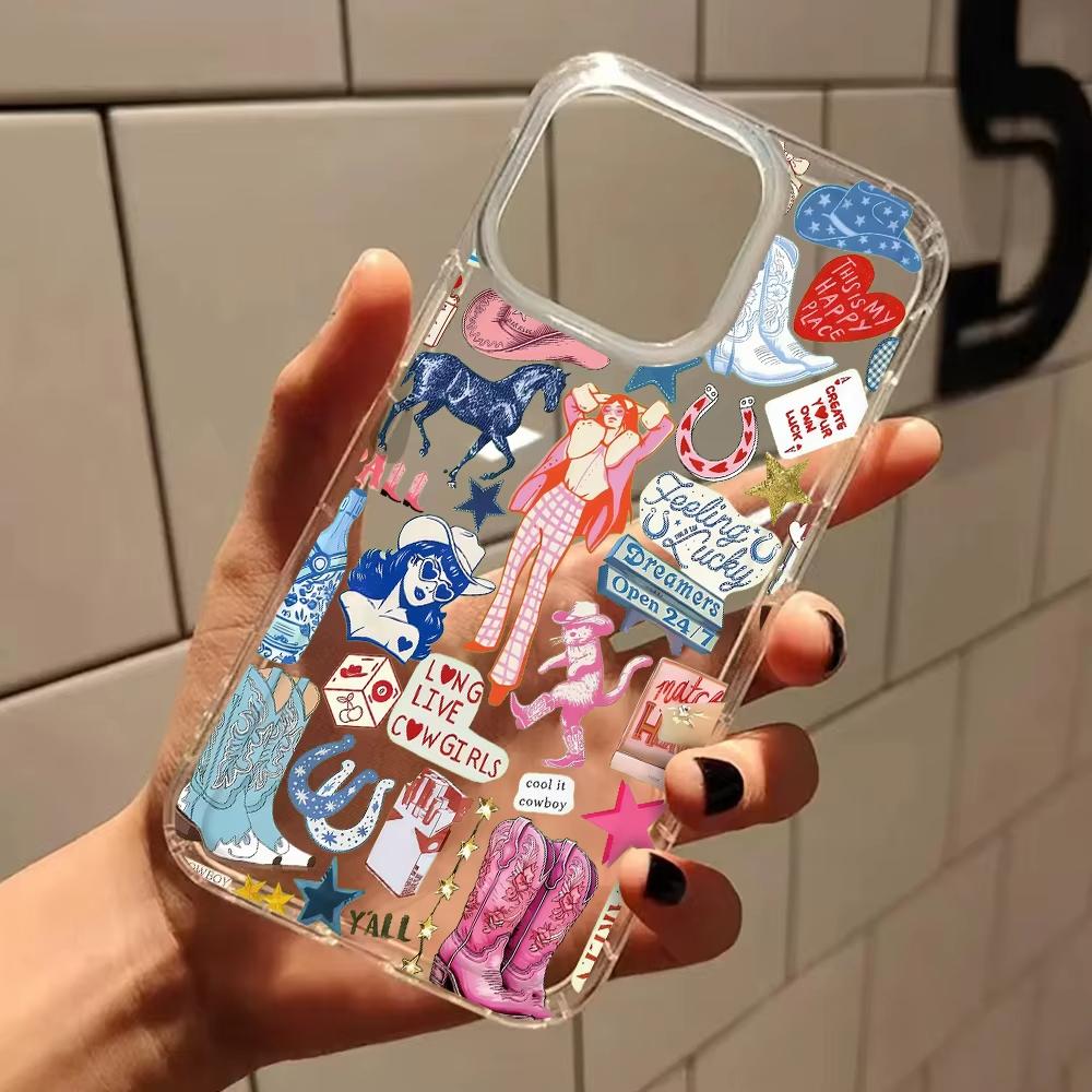 Ковбойка И Западный Коллаж Из Наклеек Прозрачный Чехол Для Телефона Для iPhone 11 12 13 14 15 16 17 Pro Max Plus XS X XR Силиконовый Мягкий Чехол