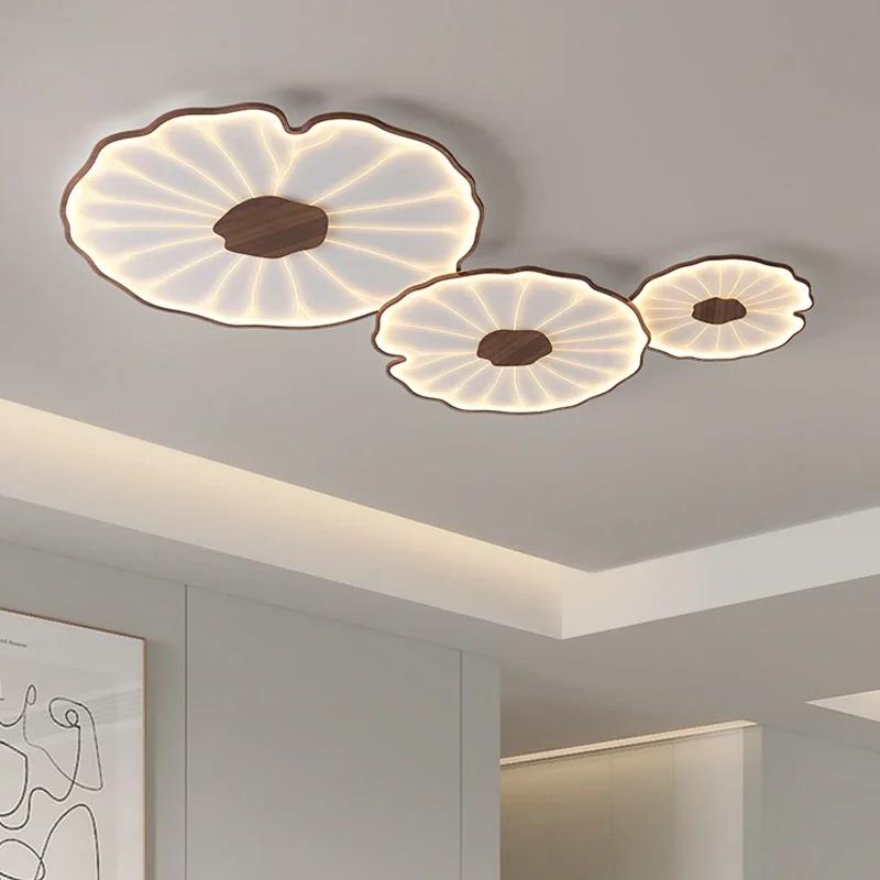 Modern Wood Grain Ceiling Lamp for Living Room Bedroom Study Children's Nursery Lotus Leaf Design Metal Led Chandelier