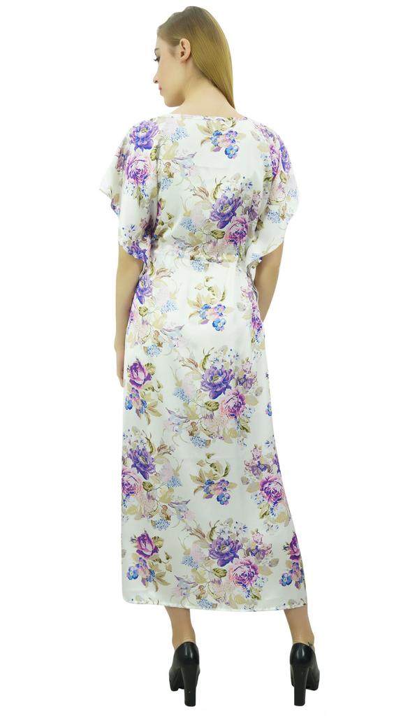 Bimba Женское длинное платье-кафтан с завязками и белым цветочным принтом для подготовки к празднику -