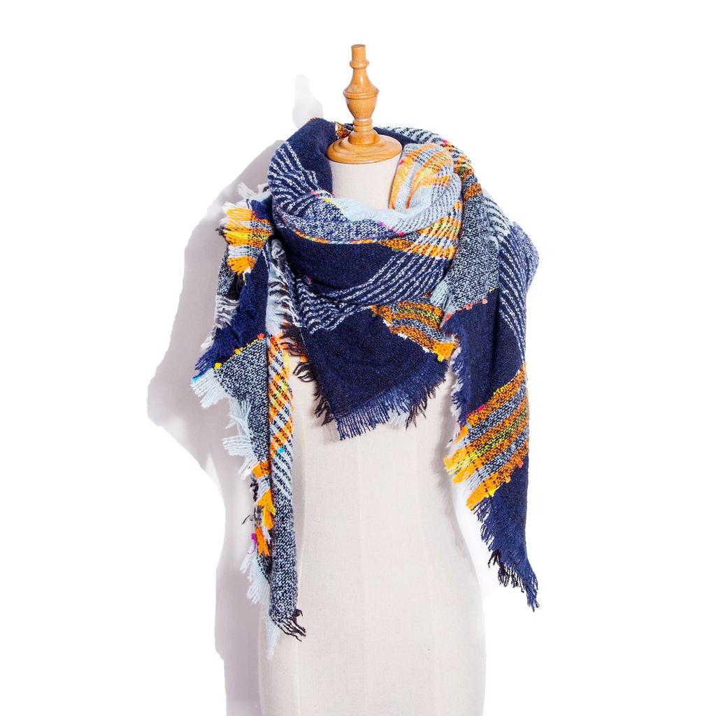 Осенне-зимний шарф с кисточками, женский клетчатый теплый треугольный платок