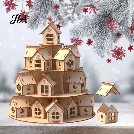 Christmas Party Decoration Wooden Advent Calendar, 24 House Countdown Display Stand with Tree Calendar Shape, Festive Holiday Tabletop Shelf