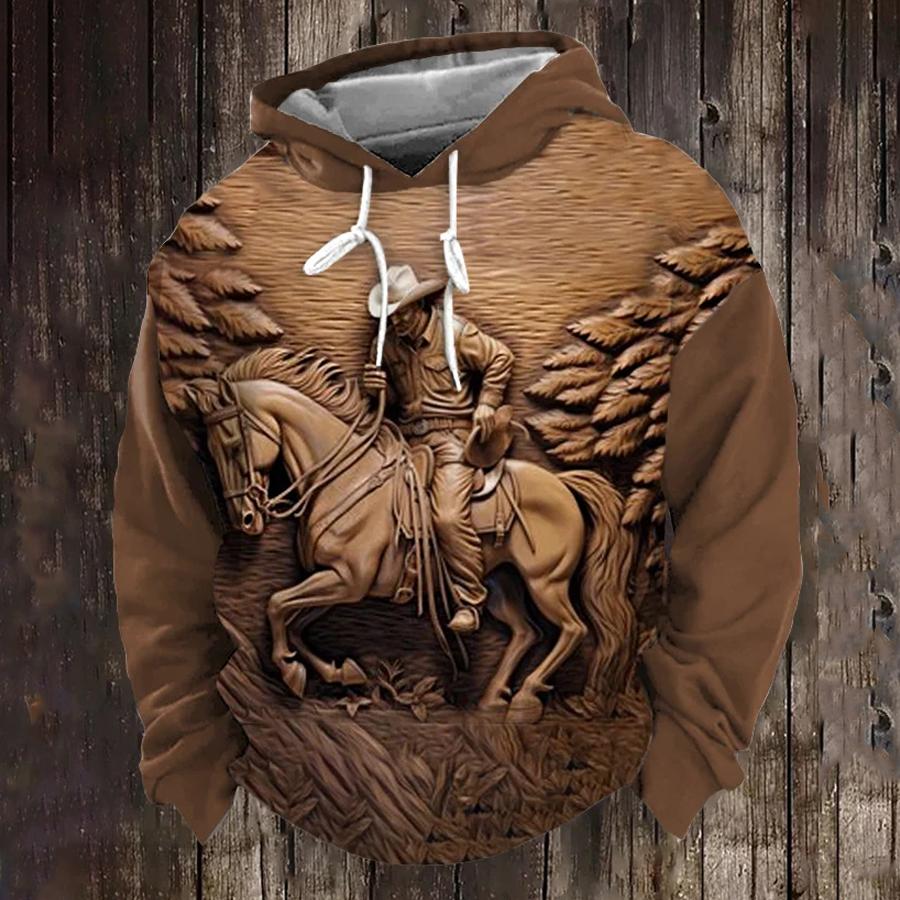 Мужская толстовка с капюшоном в стиле ретро-вестерн с 3D-принтом из денима, весенняя толстовка с длинным рукавом, свободная одежда, модная уличная спортивная одежда