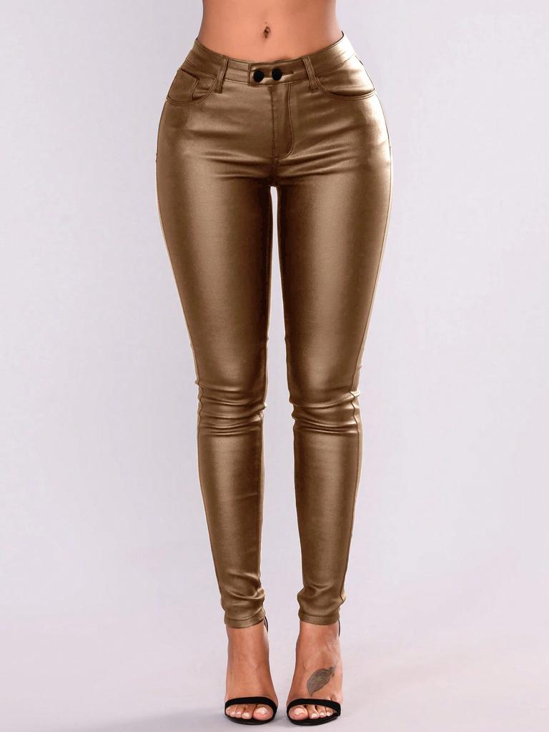 Rose Beauty A Women High Waist PU Leather Skinny Pants Elastic Pencil Tight Trousers