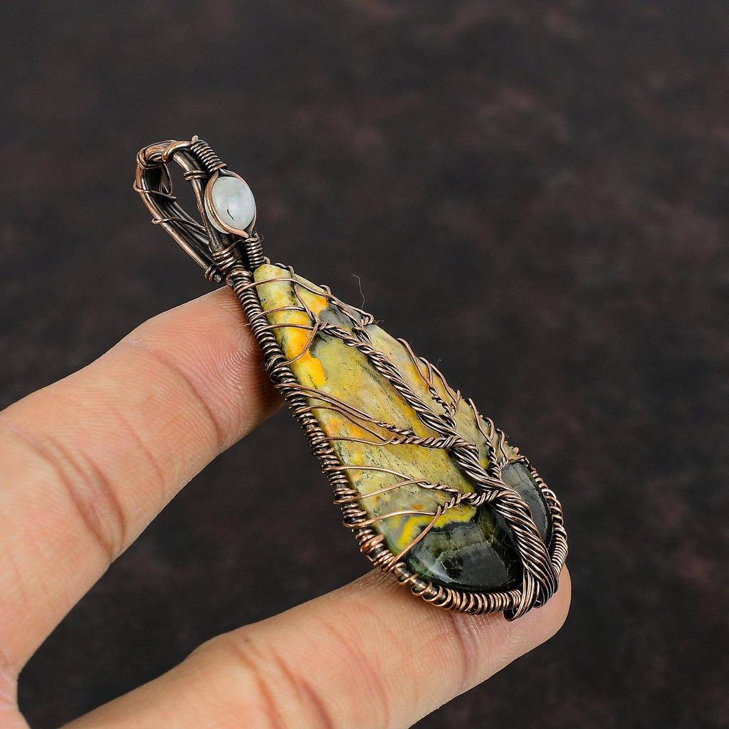 Tree Of Life Bumble Bee Jasper Pendant Copper Wire Wrapped Pendant Rainbow Moonstone Pendant Handmade Gemstone Pendant Dainty Copper Jewelry