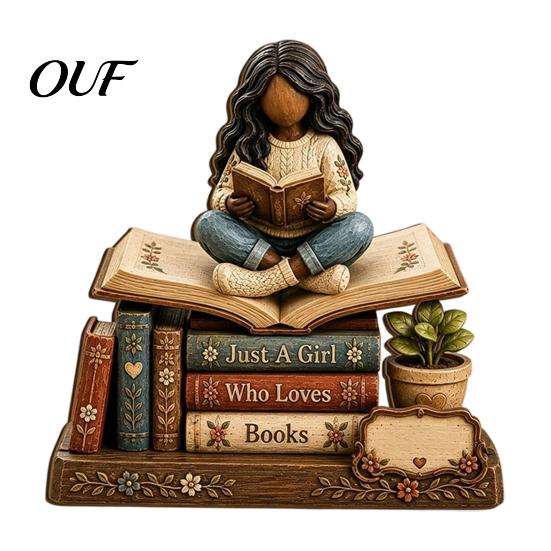 Unique Presents for Book Lovers Wooden Reading Girl Figurine Lovers, Personalized Desktop Bookshelf Decor with Bookworm Accessories Desk Stacked
