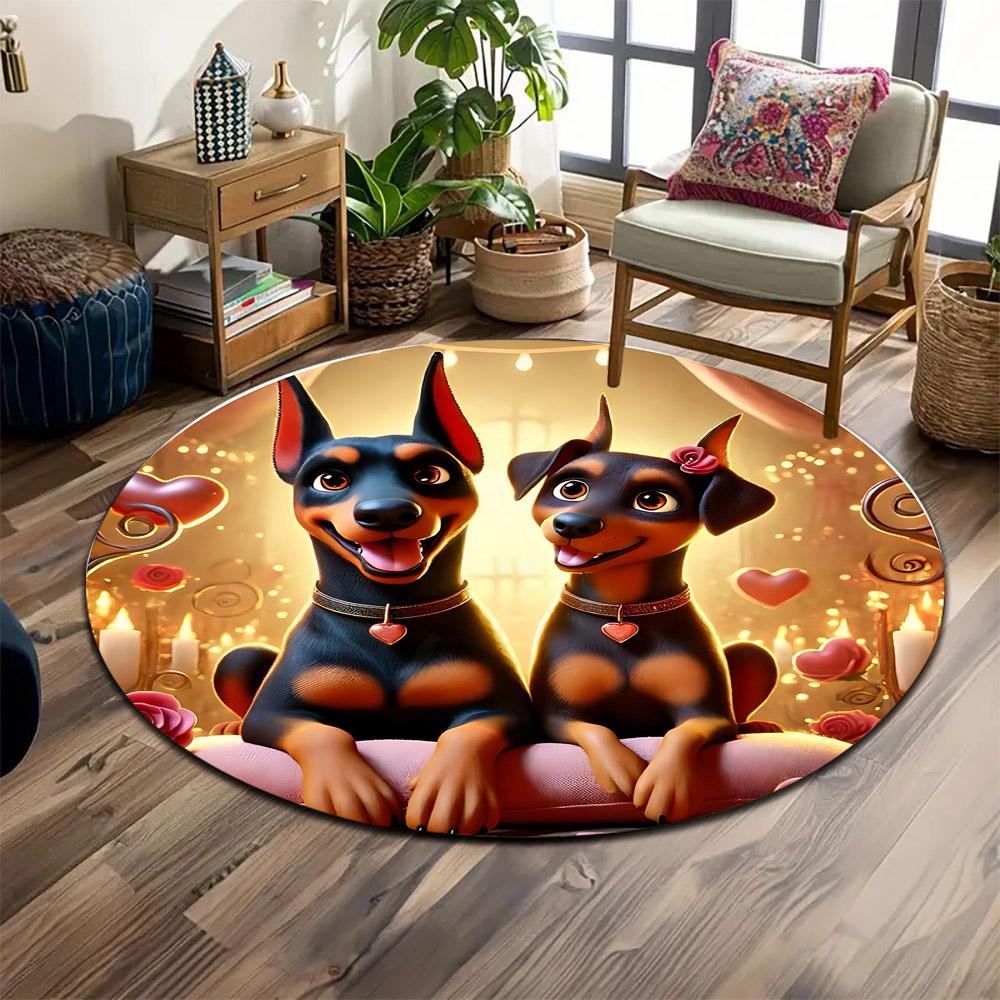Romantic Doberman Couple Decor Print round rug, living room, bedroom, playroom carpet, non slip floor mat, gift