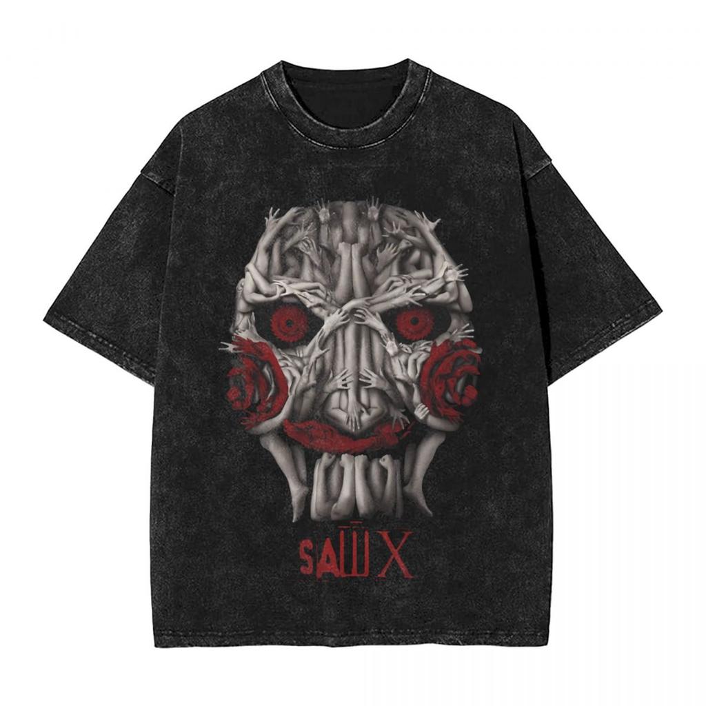 Movie SAW Horror Head Torture woman Men Washed Hot stamping Print TShirtHarajuku Cotton Tshirt Mens Summer Short Sleeve Tees