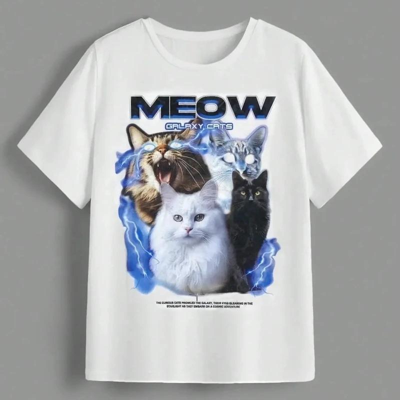 Y2K Galaxy Cats Print Tshirt Black Casual Crew Neck Tee with MEOW GALAXY CATS Lightning Cat Design Retro Aesthetic Unisex Top