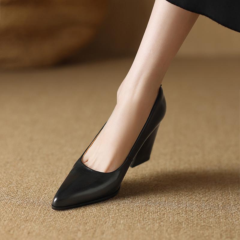 Fashion 2025 New Genuine Leather Pointed Toe Thick High Heels Spring Shoes Grace Wedding Mature Shallow Slip On Comfortable Women Shoes