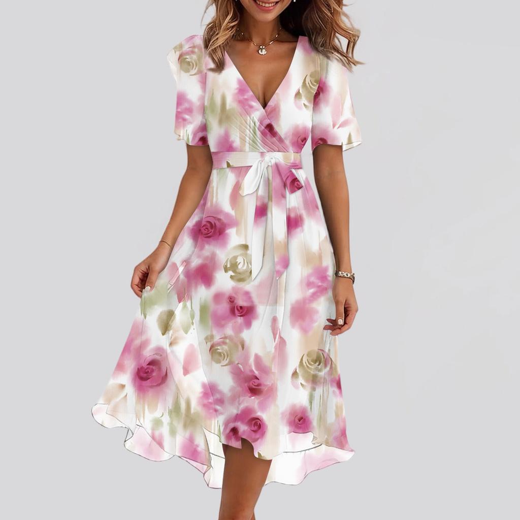 Women's Fashion Casual V Neck Short Sleeve Ruffled Vintage Printed Dresses