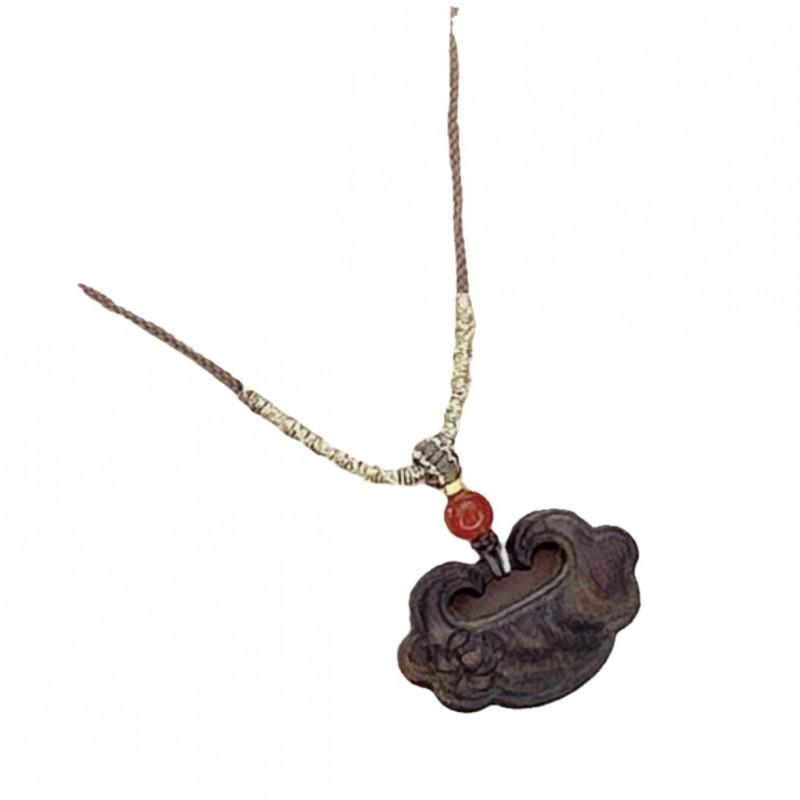 Wooden Agarwood Pendant Necklace With Lotus AndLock Design Adjustable Chain Boho Vintage Style