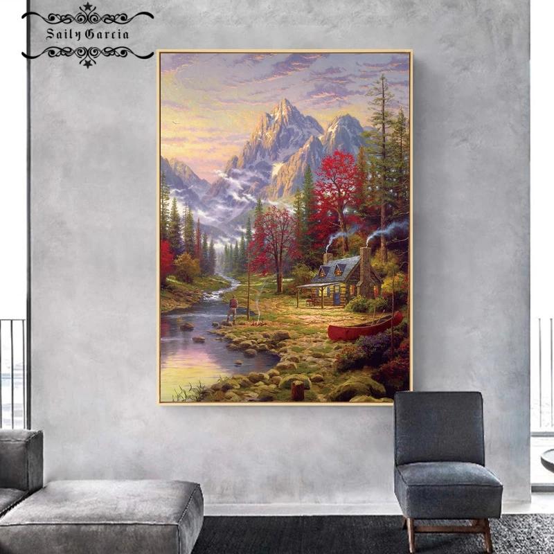 American Oil Painting Pastoral Landscape Canvas Poster Sea View Lighthouse Architectural Pictures Forest House Flower Home Decor