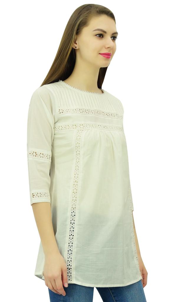 Phagun Women's 3 4 Sleeves Designer Lace Short Tunic Cotton Blouse Summer Casual