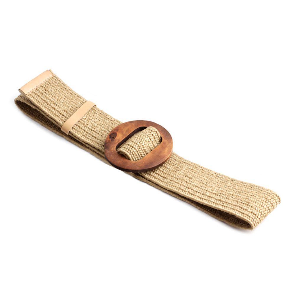Summer Wide Bohemian Waistbelt Straw Belt Wooden Buckle Elastic