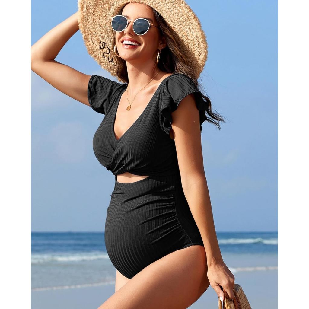 CHARMLEAKS Купальник для беременных в рубчик, цельный купальный костюм с рюшами и рукавами, рюшами и вырезами, завязывающийся узел, купальник для беременных