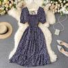 "French Retro Floral Square Neck Puff Sleeve Dress for Petite Women - High Waist, Sweet, Short Spring Style"