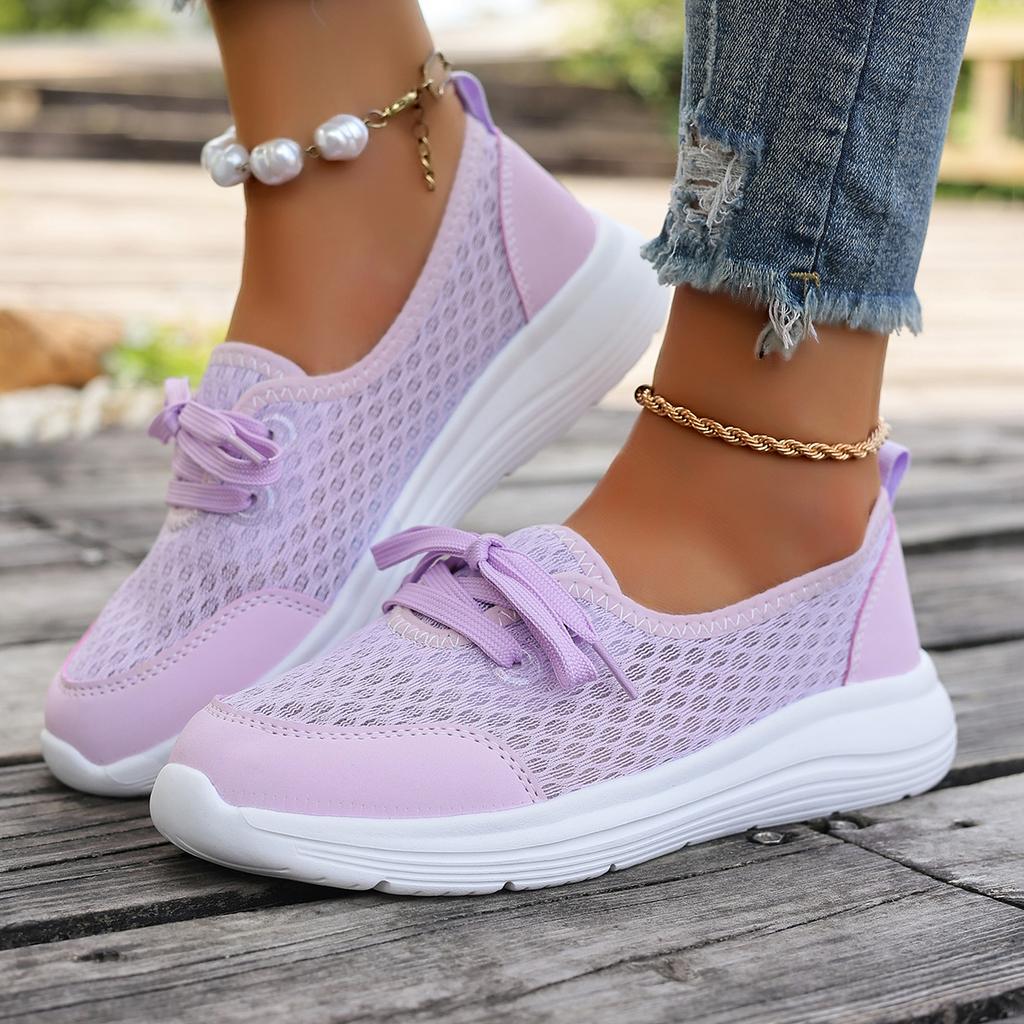 Fashion Summer Bright Color Knitted Mesh Sneakers Woman Comfortable Lace-up Net Sport Shoes Ladies Purple Grey Casual Flat Walk Shoes