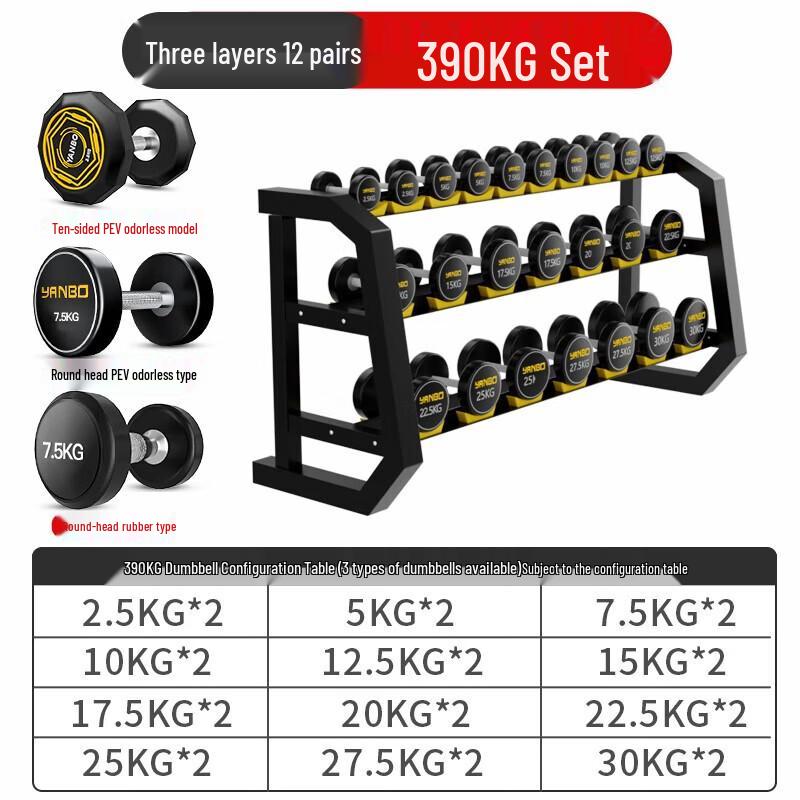 YANBO Rubber-Coated Fixed Weight Dumbbell Set with Rack
