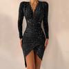 2022 Cross-border Women's Sexy V-neck Solid Color Bronzing Sequins Pleated Irregular Hem Dress Dress Skirt