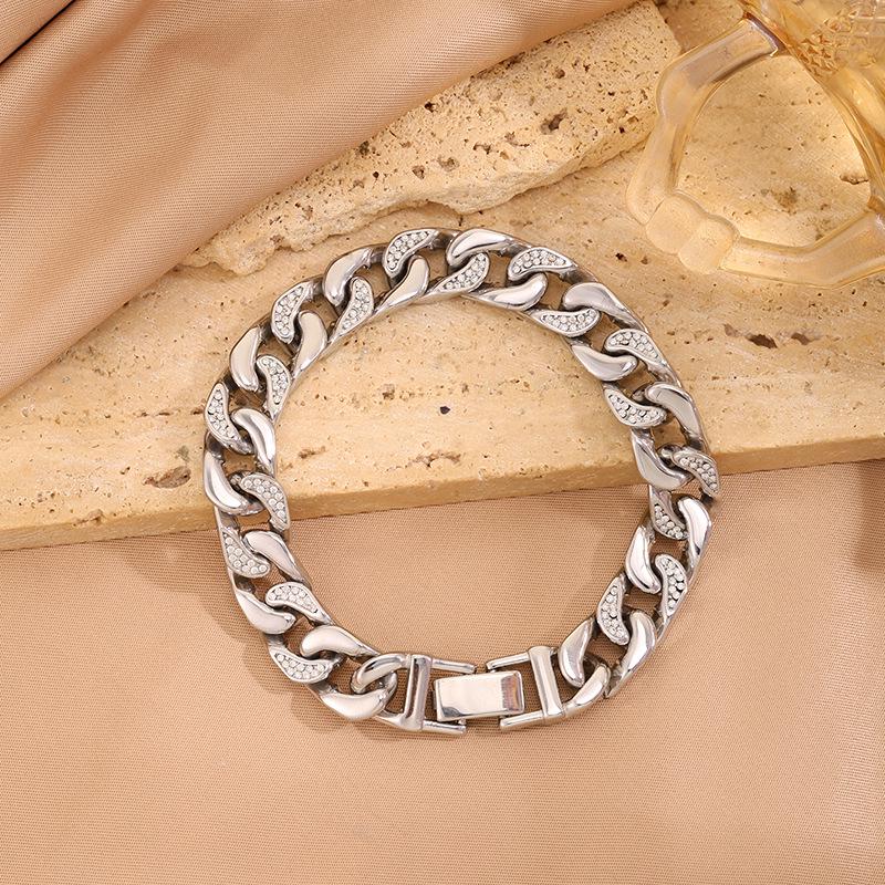 Женский браслет-кубинская цепь из титановой стали с покрытием из 18-каратного золота и инкрустацией бриллиантами - Роскошная европейская и американская мода