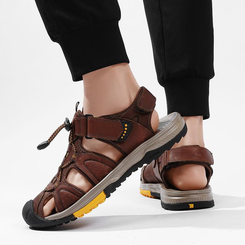 Fashion Summer Men's Top Layer Cowhide Bag-Toe Casual Outdoor Beach Sandals Comfortable Velcro Non-Slip Breathable Zapatillas Hombre