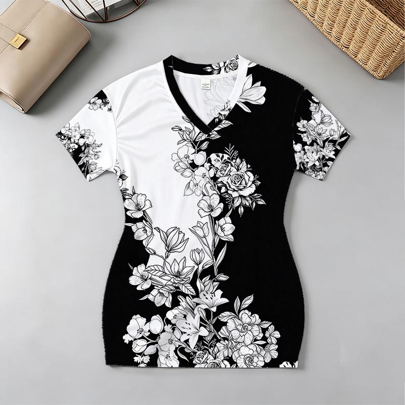 Women's Minimalist V-Neck Short Sleeve Dress Delicate Floral,Soft Fitted,Black & White,Versatile for Daily Commute & Casual Vacation