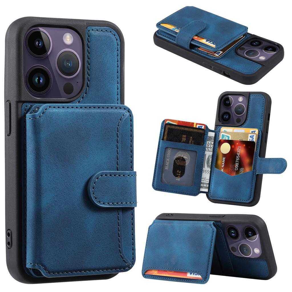 For iPhone 13 Pro RFID Blocking Phone Case Leather Coated TPU Cover with Wallet Kickstand
