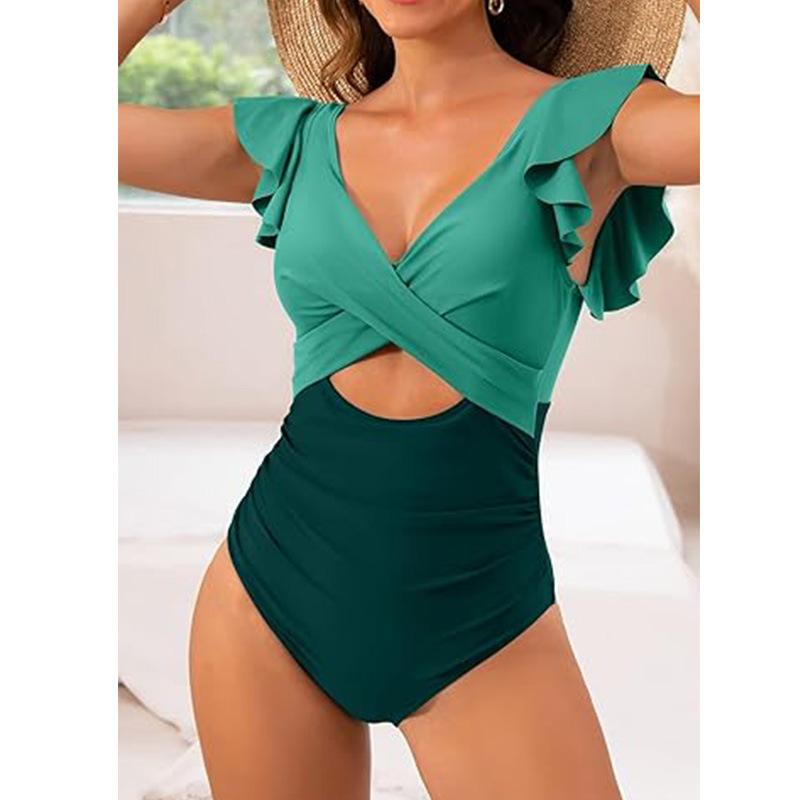 European and American Style Women Fashion Ruffled Cut Out Bikini Tummy Control Swimwear Push Up Monokini Swimsuit One Piece Backless Bathing Suit