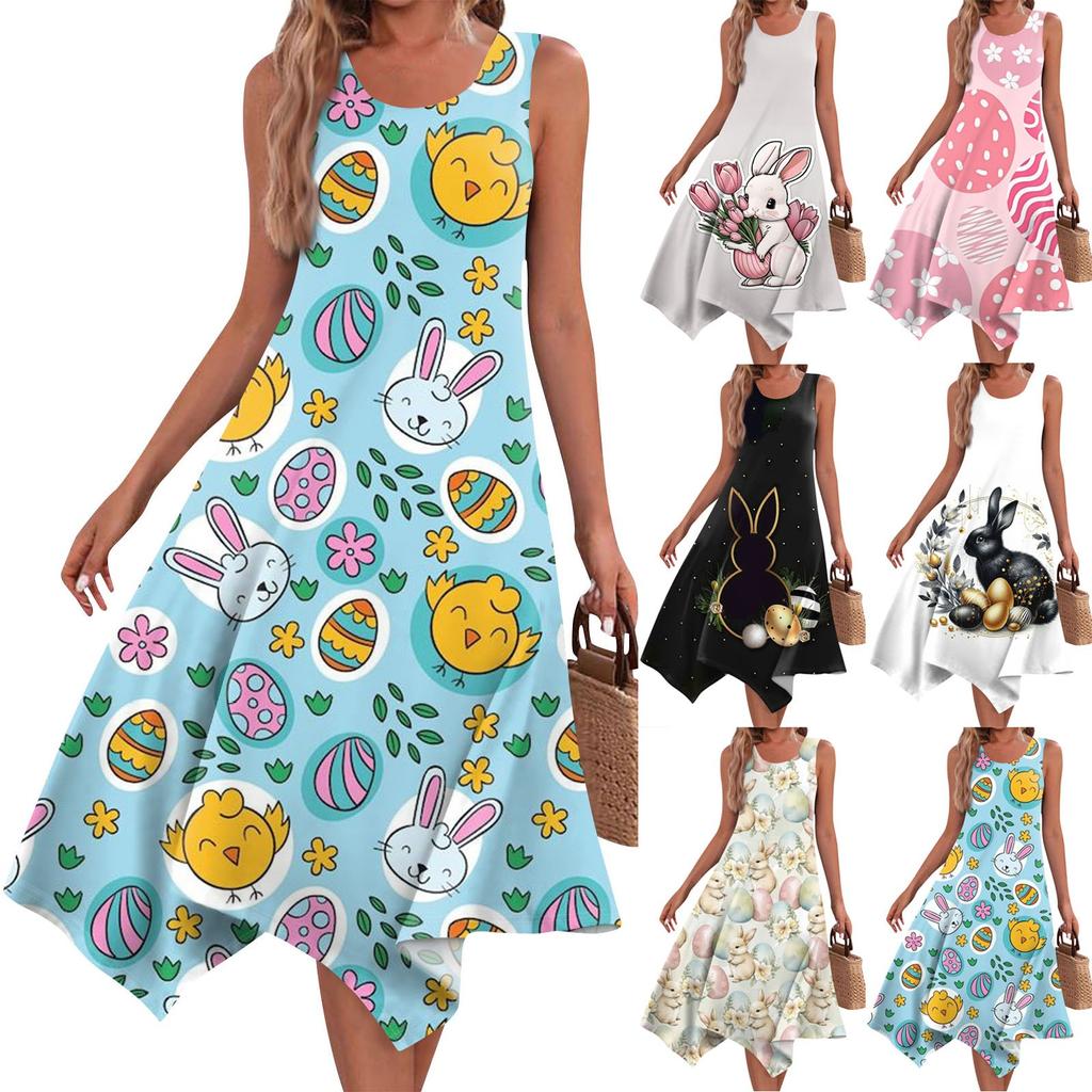 Women's Casual Fashion Round Neck Sleeveless Print Irregular Hem Midi Dress