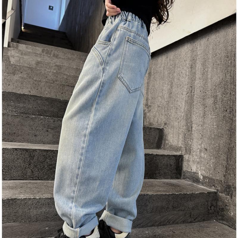 Джинсовые брюки для девочек, широкие джинсы, весенние и осенние, модные, стильные, детские, свободные, карманы, утягивающие, прямые брюки