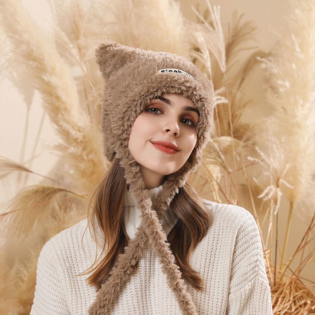 New Cute Cat Ears Warm Plush Hat Women's Autumn and Winter Fashion Lace-up Face Small Cold-proof Ear Hat