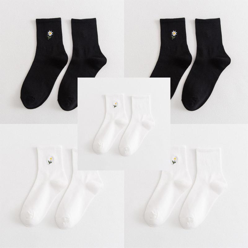 5 пар осенне-зимних женских вышитых носков средней длины из хлопка, однотонные модные удобные женские носки