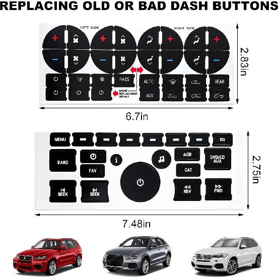 2 PCS AC Dash Button Repair Kit, Decal Replacement for Fixing Ruined Faded A/C Controls, AC & Radio Dash Buttons Decal Replacement Stickers,