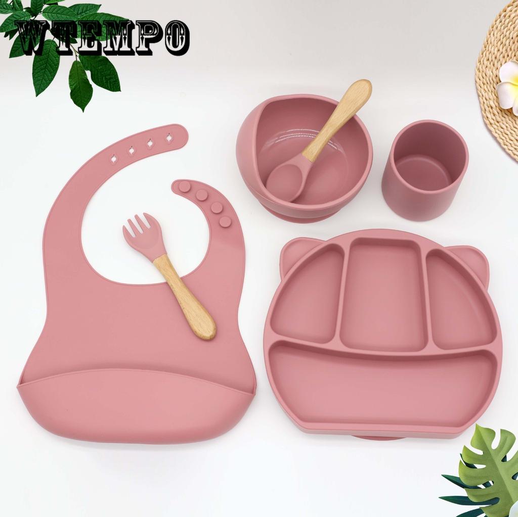 6PCS BPA Free Baby Silicone Tableware Bib Flexible Solid Color Sucker Bowl Spoon Fork for Children Learning Feeding Flatware