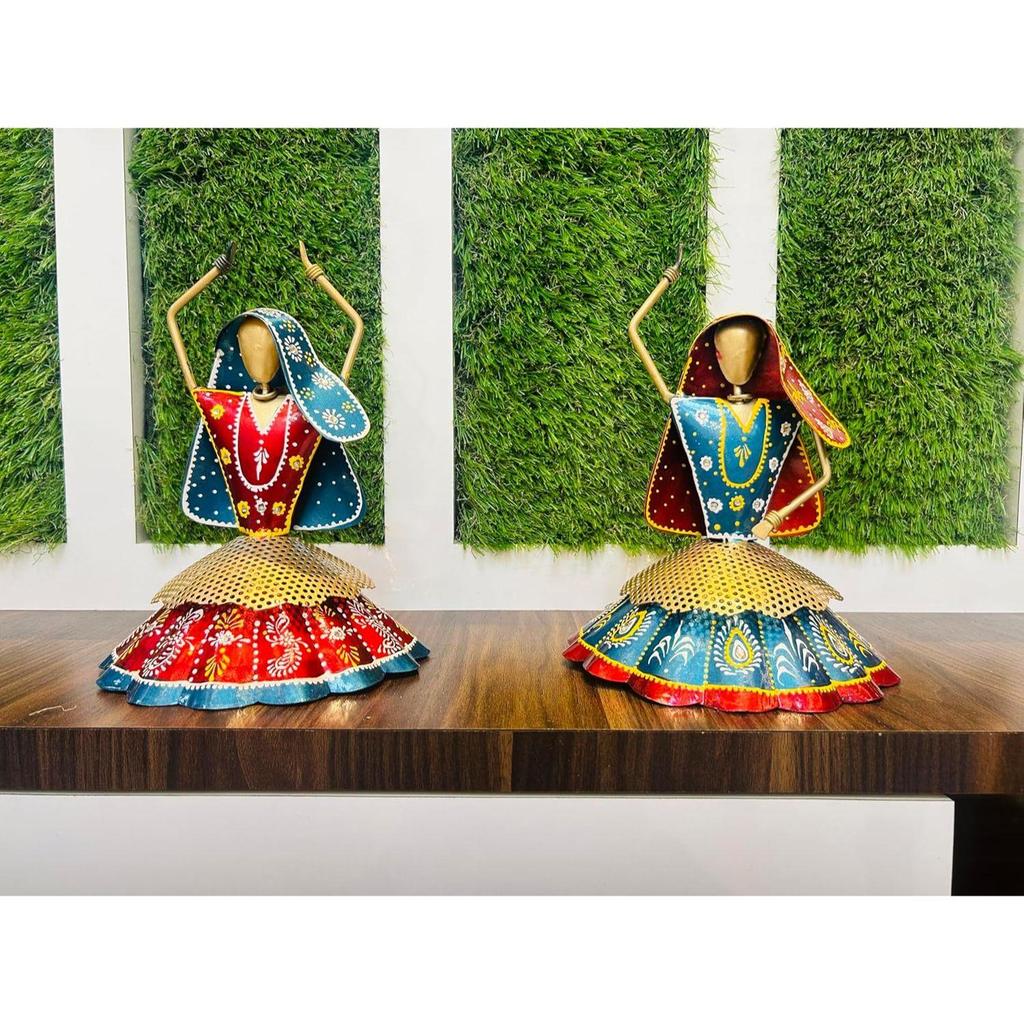 Set of 2 Metal Multicolor Rajasthani Decorative Lady Musician , Table Items for Home,Antique Gift Items, Tv Unit Showpiece (Each Size 9x10 Inch)