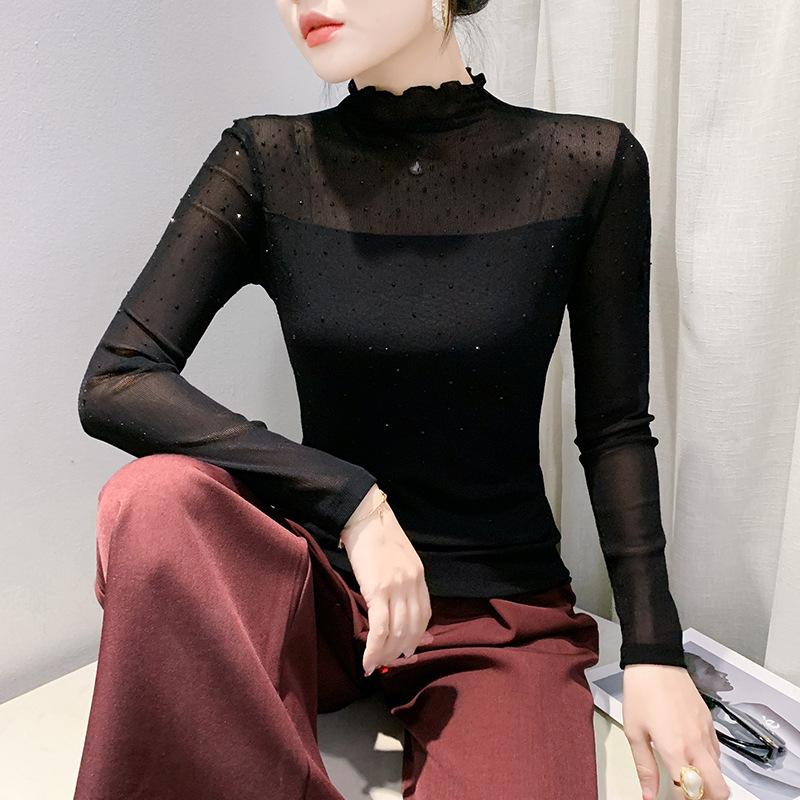 Winter New Semi-turtleneck Long-sleeved Splicing T-shirt Women's Slim Top Pullover Bottoming Shirt